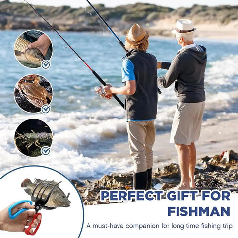 Two people fishing, showcasing the 3 Claw Fish Gripper With No Slip Grip, Beefy Heavy Duty Metal Pliers For Catch And Release.