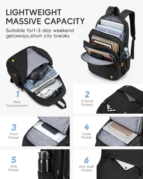 Multiple compartments of Underseat Personal Item Backpack For Travel And College Carry On Flight Approved By Ryanair Lightweight Waterproof Bookbag 16 By 8 By 10 Inches Underseat Duffle Style Black showing organized storage options.
