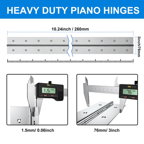 Rock Solid 2 Pack 10 Inch Piano Hinge 3 Inch Open Width Premium Stainless Steel Continuous Hinges detailed measurement.