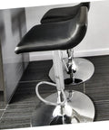 Hassle Free Heavy Duty Bar Stool Swivel Base With Built In Footrest And Hydraulic Lift Smooth Spin Steel Frame close-up showing black seat and chrome base.