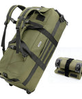 Front view of an olive-green 80L rolling duffel bag with wheels and adjustable handle; inset shows folded compact version.