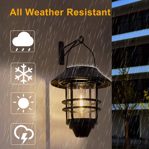 Outdoor Solar Lanterns With Hanging And Wall Mount Kit, Weatherproof Garden Porch Fence Lights under rain on wall