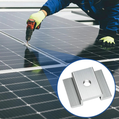 Installation of 50 Pcs Aluminum Solar Panel Mid Clamps 1.06 Inch For Roof Mounts, Silver Bulk Kit on solar panels.