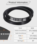 Two Pack AX43 EPDM V Belt Cogged Raw Edge 43 Inch Inside 45 Inch Outside One Half Inch Wide Industrial Rubber Drive Belt Oil Heat Cold and Tear Resistant Heavy Duty for Machinery shown with dimensions and product information.