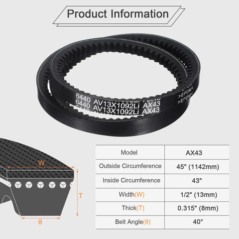 Two Pack AX43 EPDM V Belt Cogged Raw Edge 43 Inch Inside 45 Inch Outside One Half Inch Wide Industrial Rubber Drive Belt Oil Heat Cold and Tear Resistant Heavy Duty for Machinery shown with dimensions and product information.