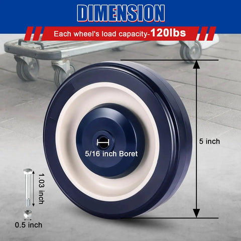 8 Pack 5 Inch TPU Silent Shopping Cart Wheels Kit With Dual Ball Bearings For Grocery Carts Blue Replacement Casters