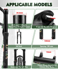 24 Inch Mountain Bike Front Fork With Air Suspension, 120mm Travel, showing dimensions and features like quick release and disc brakes