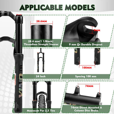 24 Inch Mountain Bike Front Fork With Air Suspension, 120mm Travel, showing dimensions and features like quick release and disc brakes