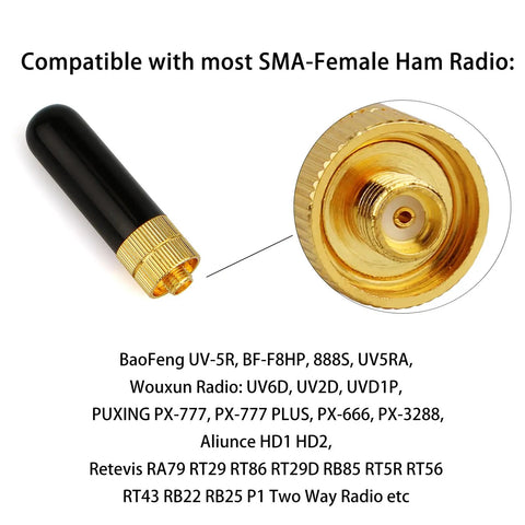 Compact Dual Band Ham Radio Short Antenna SMA Female Connector For VHF UHF Use 5 Cm Length gold base shown