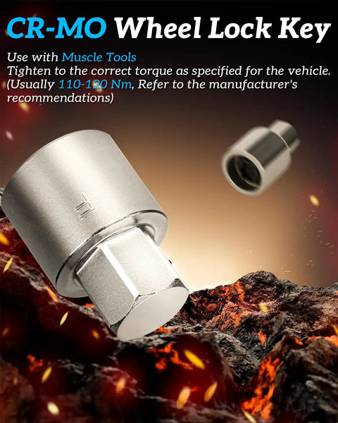 CR-MO steel wheel lock key for Toyota vehicles on a fiery background, part of the Wheel Lock Removal Kit With A J Wheel Lock Key