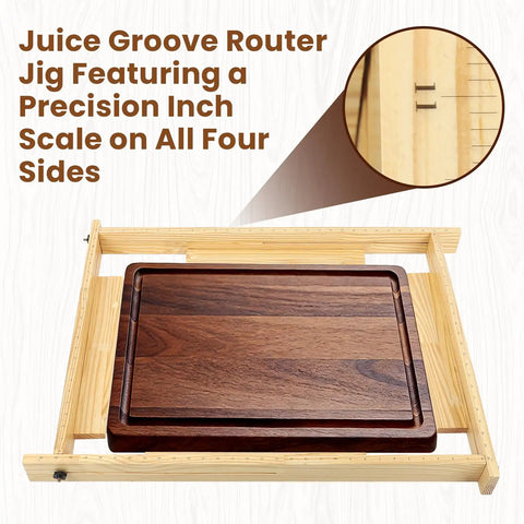 Heavy Duty Solid Wood Router Jig For Cutting Boards with adjustable inch scale, designed for precise juice groove routing.