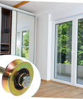 Heavy Duty Sliding Door Rollers With U Shaped Track For Smooth Motion Replacement Hardware For Shower Doors Barn Doors Indoor Doors Ultra Quiet Durable Wheels No Fuss Install And Reliable Sliding Performance, gold finish roller close-up with patio doors in background