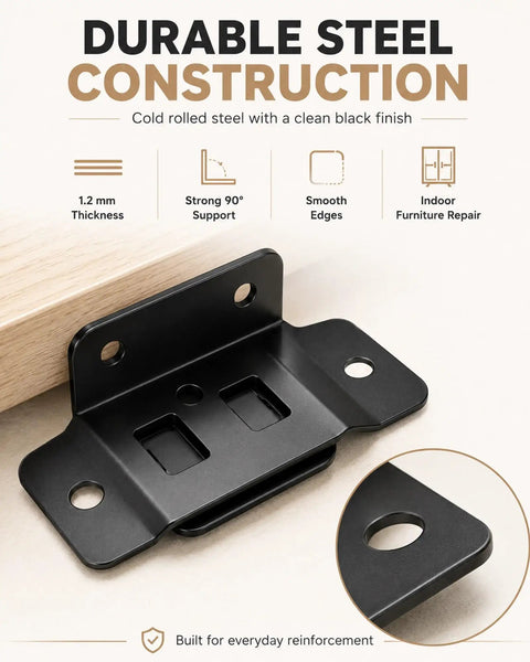 Beefy Heavy Duty Stainless Steel Corner Brackets 8 Pack with 90 Degree L Shape Joint Braces and Screws, black steel bracket detail