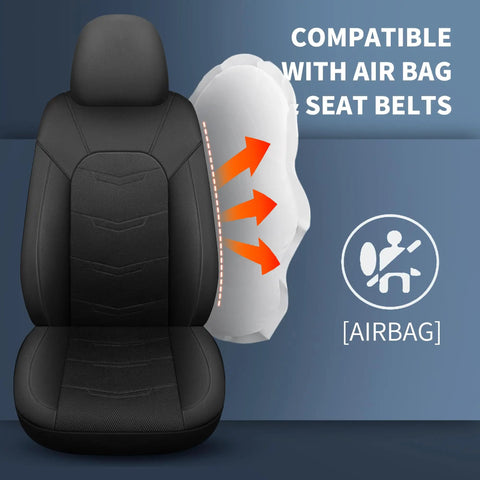 Black leather car seat cover showing airbag compatibility feature, part of Leather Car Seat Covers Full Set For SUV Truck And Sedan.