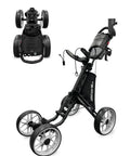 Heavy Duty Aluminum Golf Push Cart With No Fuss Quick Release Fold Build And Low Drag Eva Wheels For Easy Rolling Down The Fairway Dark Gray Edition, folded display with 4 wheels.