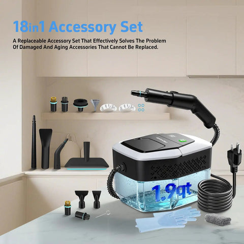 18 in 1 accessory set for Opbodqo High Temp 257F Handheld Steam Cleaner with 1.9 qt tank, various attachments for cleaning.