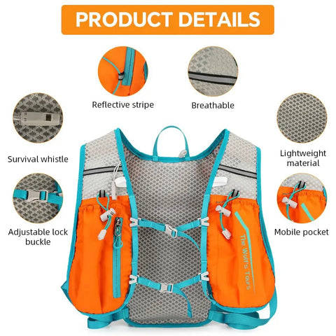 5L Hydration Vest Backpack With 2L Water Bladder, orange nylon mesh pack with reflective stripe, mobile pocket, and survival whistle