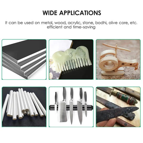 Wide applications of Mini Belt Sander Electric Polishing Machine For Metalworking And Wood shown with diverse materials like metal, wood, acrylic.