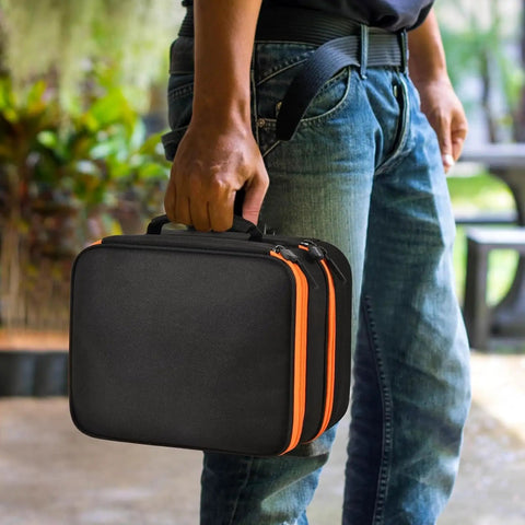 Person holding a Tough Travel Tool Case Bag For ET310 Breaker Finder And RT250 GFCI Tester Two Layer Pro Grade Organizer, black with orange zippers.