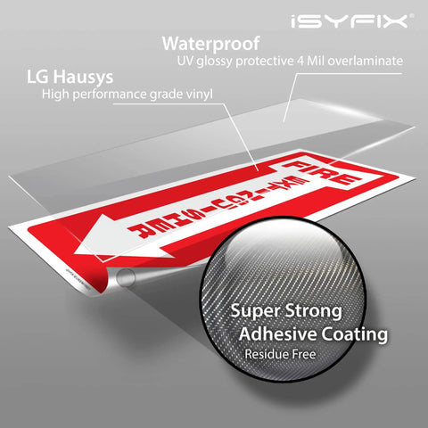 Fire Extinguisher Signs Stickers 12 Pack 4x12 Inch Premium Self Adhesive Vinyl Decals Laminated For Ultimate UV Weather Scratch Water Fade Resistance Indoor Outdoor Easy To View Location Indicator For Fire Extinguishers showing layered material composition and adhesive coating close-up