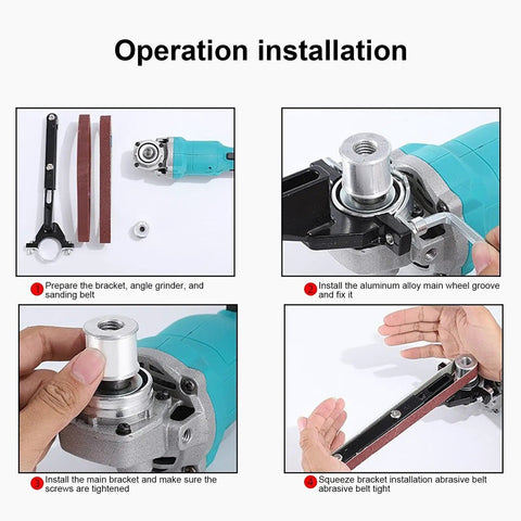 Heavy Duty Angle Grinder Belt Sander Adapter installation steps with aluminum alloy and sanding belt for smooth operation.