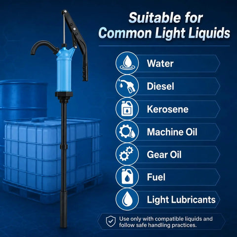Heavy Duty 55 Gallon Drum Pump With Ergonomic Lever Handle For Moving Motor Oil Diesel Fuel Water Alcohol Kerosene And Gear Oil Fast Flow Rate Includes Built In Filter Keeps Grime Out Smooth Work Makes Pumping A Breeze Shop Use, shown in blue with labels for various liquids.