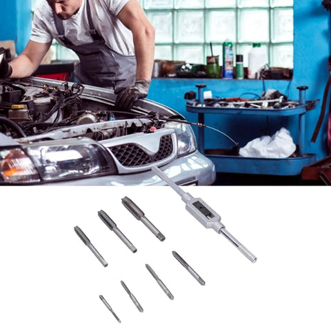 Premium 8-Piece Tap And Die Set Made With Tough Alloy Steel For Clean Metric Threading On Pipes And Hard Metals Like Aluminum And Carbon Steel Without Damage Or Stripping Includes Wrench And Seven Taps used on car repair workbench