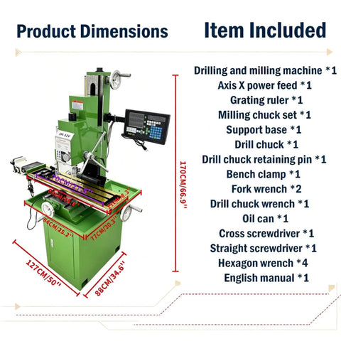 Jaryannix 1.5Kw Benchtop Mill Drill With Brushless Motor And 3-Axis Digital R8 Spindle Taper For Precision Metalworking and tool set