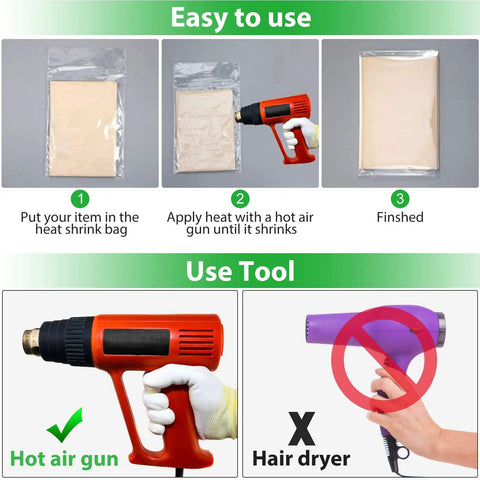 Instructions for using Two Hundred Piece Pack Of Slick Clear Heat Shrink Wrap Bags with steps and tools shown for crafting.