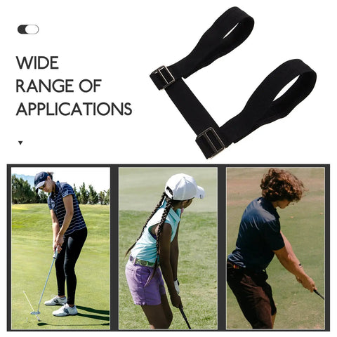Must Have Golf Swing Trainer Arm Band For Correct Swing Technique shown with golfers practicing on the range.