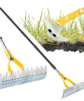 Long Handle Thatch Rake For Lawn With 74 Inch Handle 15 Inch Dethatcher Rake For Grass Heavy Duty Steel Lawn Rake in use