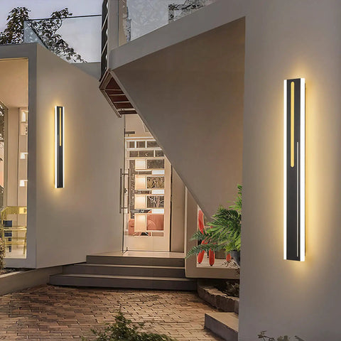 Outdoor LED Wall Light 31.5 Inch Black Sconce With Rectangular Acrylic Panel mounted on modern exterior wall