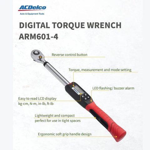 Dual Drive Digital Torque Wrench Combo Kit showing ARM601-4 model with LED display and ergonomic handle.
