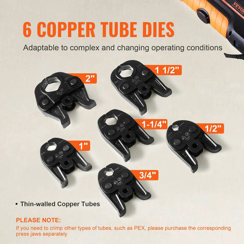 6 compatible copper tube dies for Heavy Duty 18V Electric Pipe Crimping Tool For Half To Two Inch Copper Lines.
