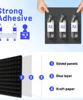 Thirty Six Pack Black Pyramid Acoustic Foam Panels 12 By 12 By 1 Inch with Heavy Duty Self Adhesive mounting strips and water bottles.