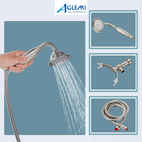 Brushed Nickel Clawfoot Tub Faucet Wall Mount Tub Filler Set With Handheld Sprayer, hoses, and diverter switch details
