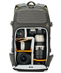 Flipside Trek BP 450 AW Camera Backpack with compartments, grey and dark green, showcasing camera gear and quick access feature.