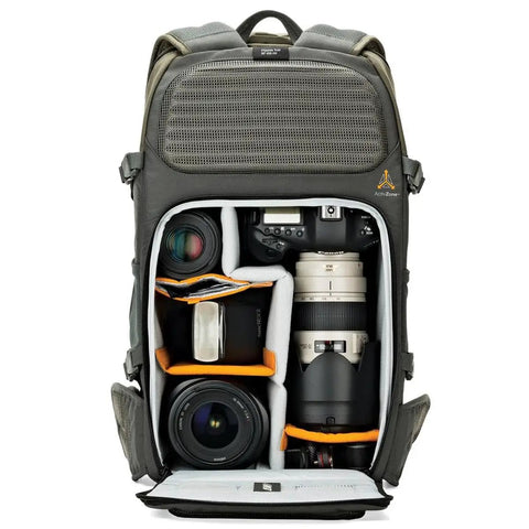 Flipside Trek BP 450 AW Camera Backpack with compartments, grey and dark green, showcasing camera gear and quick access feature.