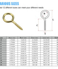 Brass Plated Steel Eye Bolts And Screw Eyes Assortment Kit size chart with 12 sizes for craft projects, DIY, marine use