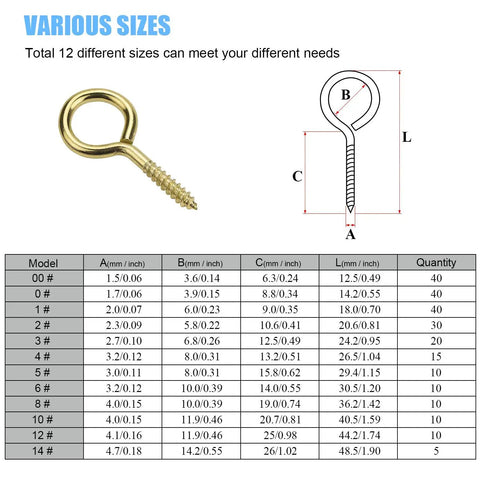 Brass Plated Steel Eye Bolts And Screw Eyes Assortment Kit size chart with 12 sizes for craft projects, DIY, marine use