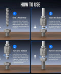 Heavy Duty Cr Mo Steel Screw Extractor Set Featuring Hex And Socket Adapters Tough 15 Piece Gear demonstrating usage steps with screw extractor and bolt.