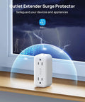 Super Sleek 4 Outlet Surge Protector With 360 Rotating Head And Space Saving Design White Power Strip Extender on wooden surface.