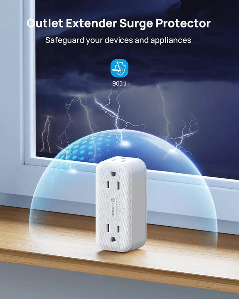Super Sleek 4 Outlet Surge Protector With 360 Rotating Head And Space Saving Design White Power Strip Extender on wooden surface.