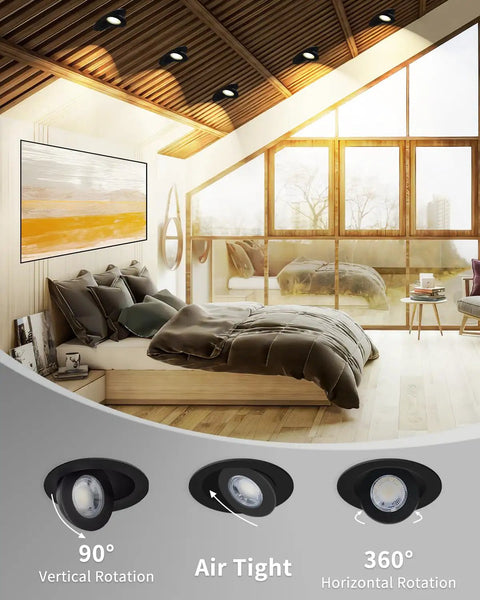 4 Inch Gimbal LED Recessed Lights Dope 5CCT Dimmable Eyeball Can Lights With J Box Black 360 Degree Adjustable Kit in modern room