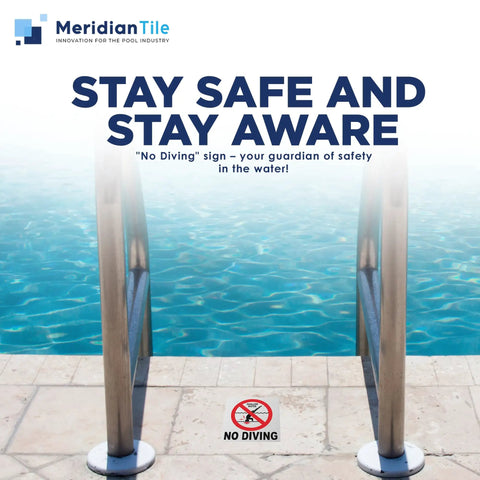 Image of Ceramic No Diving Pool Sign, 5.8x5.8 Inch No Dive Marker With Abrasive Non-Slip Tile Finish, Pool Safety Signage on concrete deck.