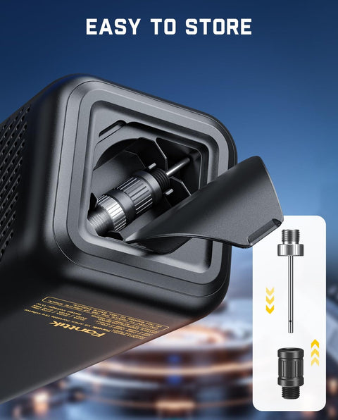 X9 Apex Portable Tire Inflator Cordless Pump With 150 PSI Lightning Fast 35 Second Inflation Built In Light And Power Bank showing nozzle compartment