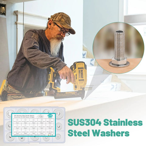 Flat washers set, 304 stainless steel, 225 pcs in 15 sizes (M3–M12), fender washers for screws.