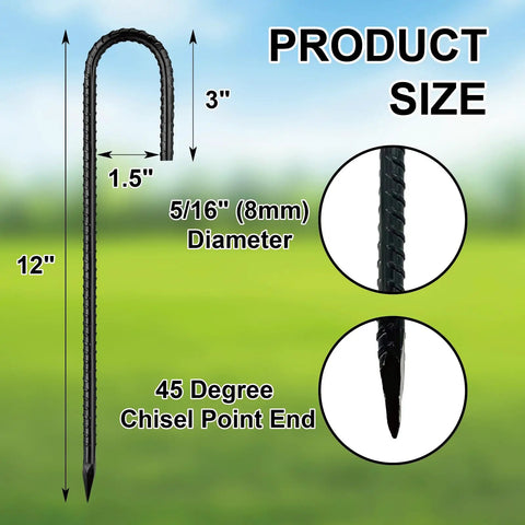 Product diagram with measurements for 16 Pack 12 Inch J Hook Ground Stakes Heavy Duty Steel Anchors For Tents Fences Trampolines And Outdoor Decor Windproof Lawn Stakes To Keep Your Outdoor Setup Secure And Solid