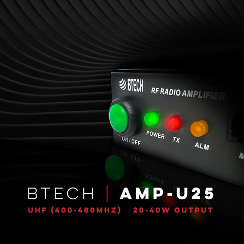 Front view of BTECH AMP-U25 RF Radio Amplifier with on/off switch, designed for UHF 400-480MHz Power Booster Amplifier For Handheld Radios 20-40W Extends Range And Clarity, Compatible With Most Popular Radios, Amplifies Analog And Digital Modes, Ideal For Mobile, Field, And Home Use.