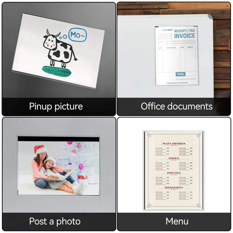 Collage showing 15 Pack Magnetic Sign Holders For 8.5 By 11 Documents displaying artwork, invoice, family photo, and menu.
